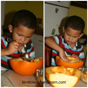 How to Eat a Pumpkin: scooping out pumpkin "guts"