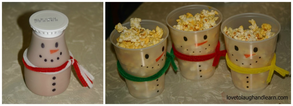 Making Memories with the Polar Express: snowman milk and popcorn cups