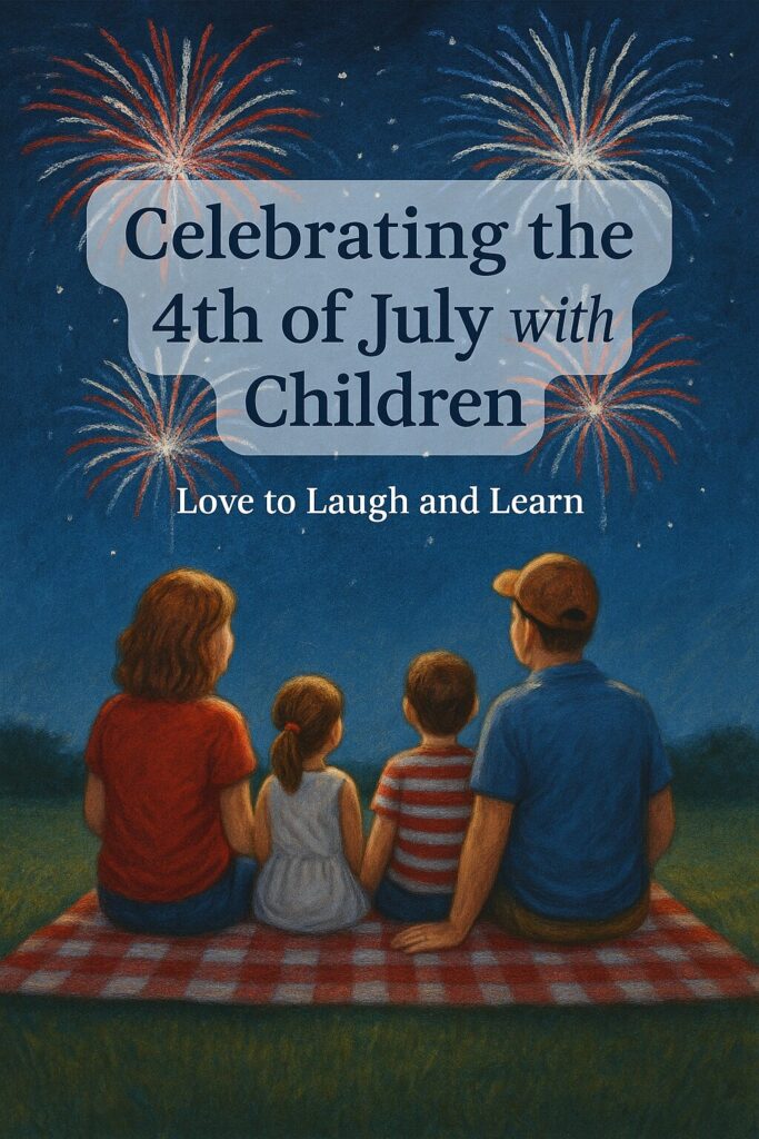 Illustrated image of a family sitting on a red-and-white checkered blanket, watching fireworks on the 4th of July, with the text “Celebrating the 4th of July with Children – Love to Laugh and Learn” over a starry night sky.