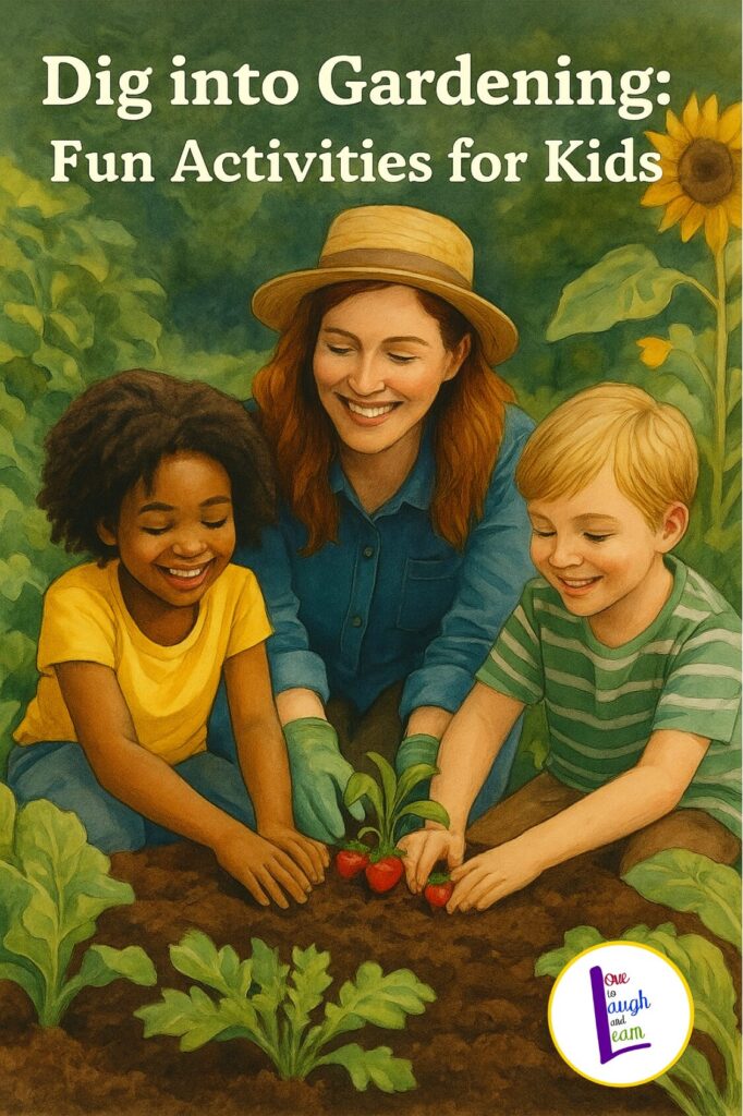 Children and an adult planting vegetables together in a garden, promoting fun gardening activities for kids and healthy outdoor learning