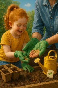 Young child and adult exploring worms together in a garden bed.