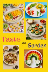 Colorful kid-friendly fruit and veggie snacks displayed in fun shapes like rainbows, caterpillars, and flowers.