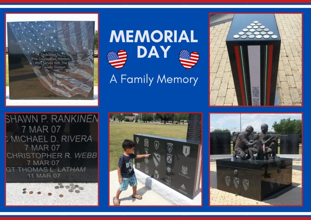 Family visiting 1st Cavalry Division Memorial at Fort Hood/Fort Cavazos, leaving coins to honor fallen soldiers on Memorial Day. Grandson pointing to symbols on monument.